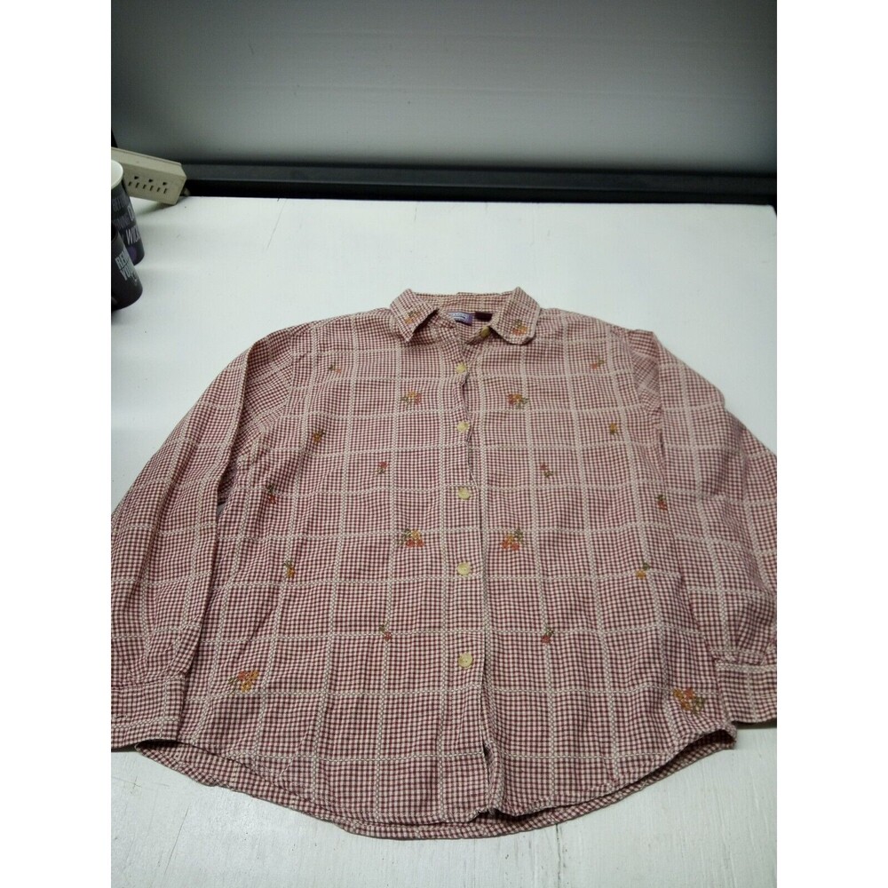 Premier International Ladies Size L Plaid Shirt Button up Red With Floral Top